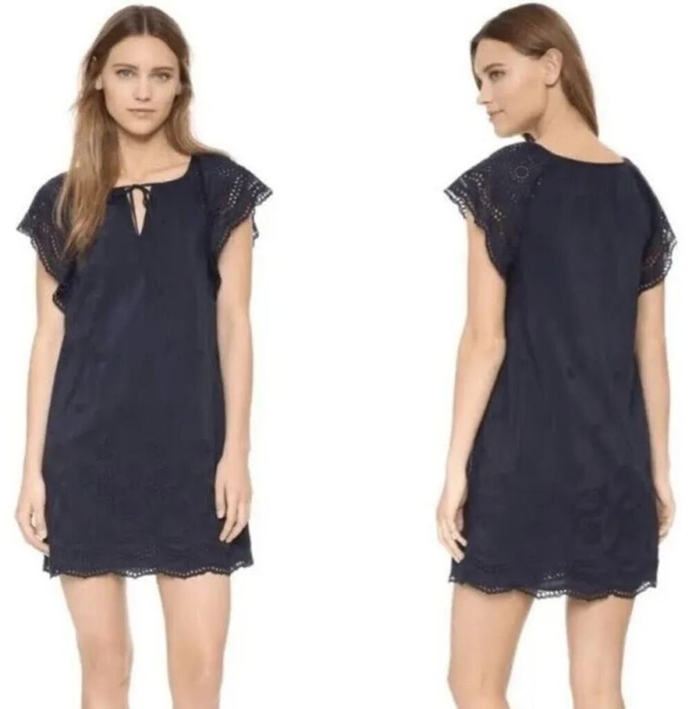 NWT Madewell Navy Blue Silk Eyelet Lace Tassel Mini Dress Women’s XS